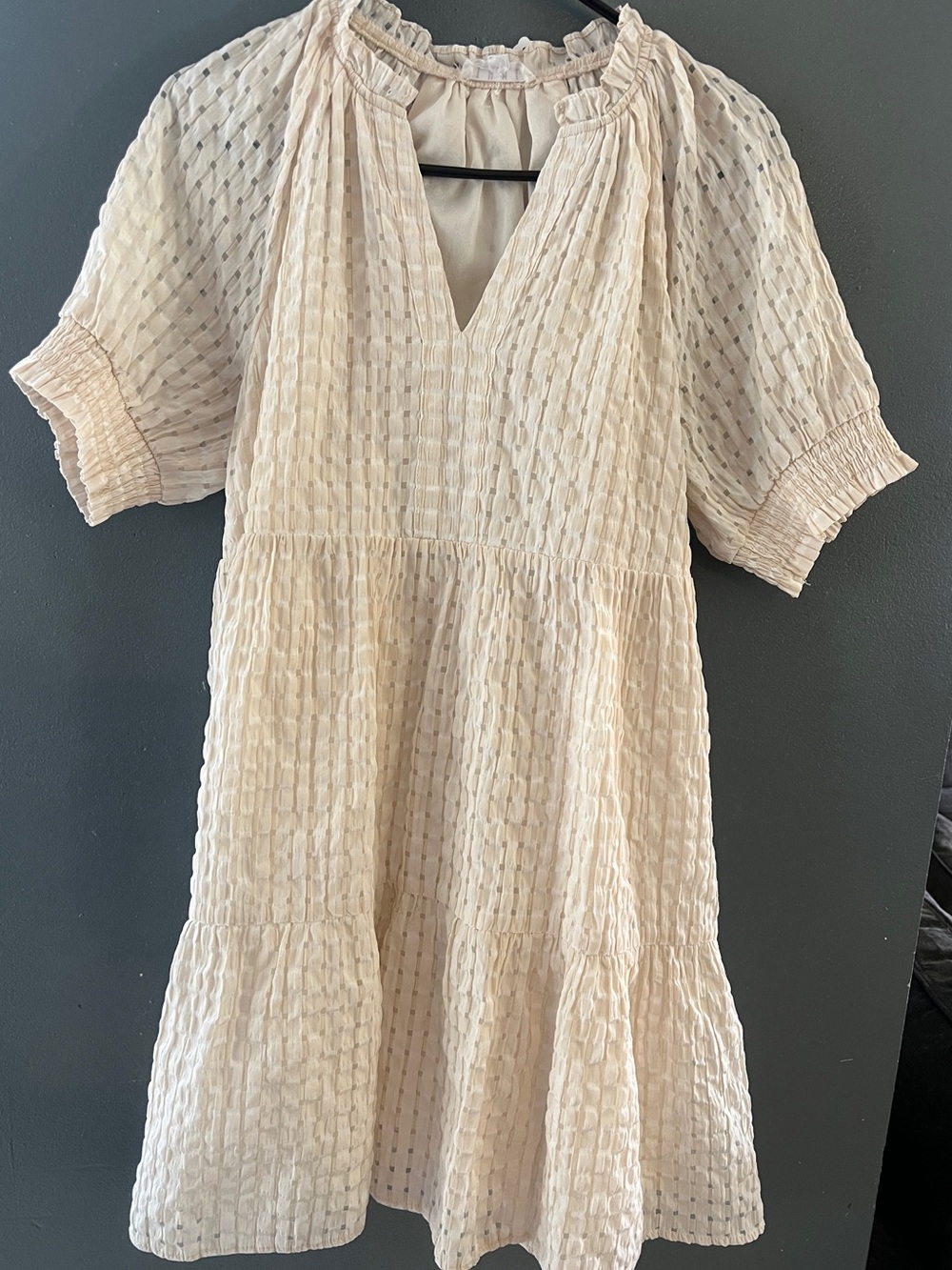 Anthropologie  Ivory Textured Tiered Babydoll Dress Boho Cottagecore